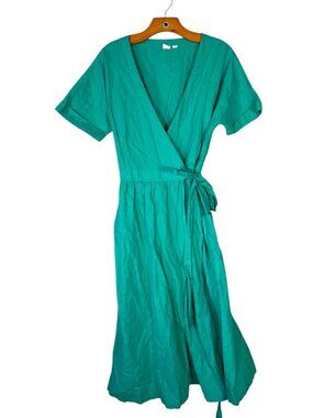GAP Linen Cotton Green Short Sleeve Wrap Midi Dress  8